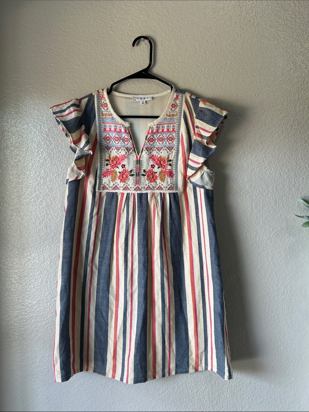 THML Navy Cream Striped Embroidered Flutter Sleeve Mini Dress Sz S Lined